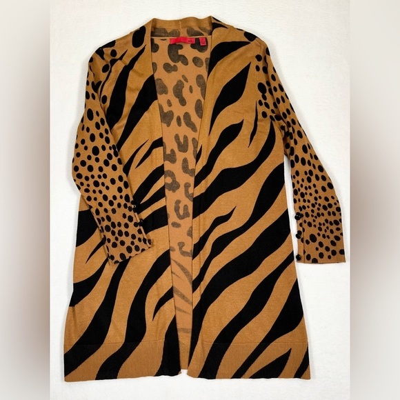 RED Open Front Cardigan Animal‎ Tiger Cheetah Leopard Jaguar Print 3/4 Sleeve S - Picture 1 of 12